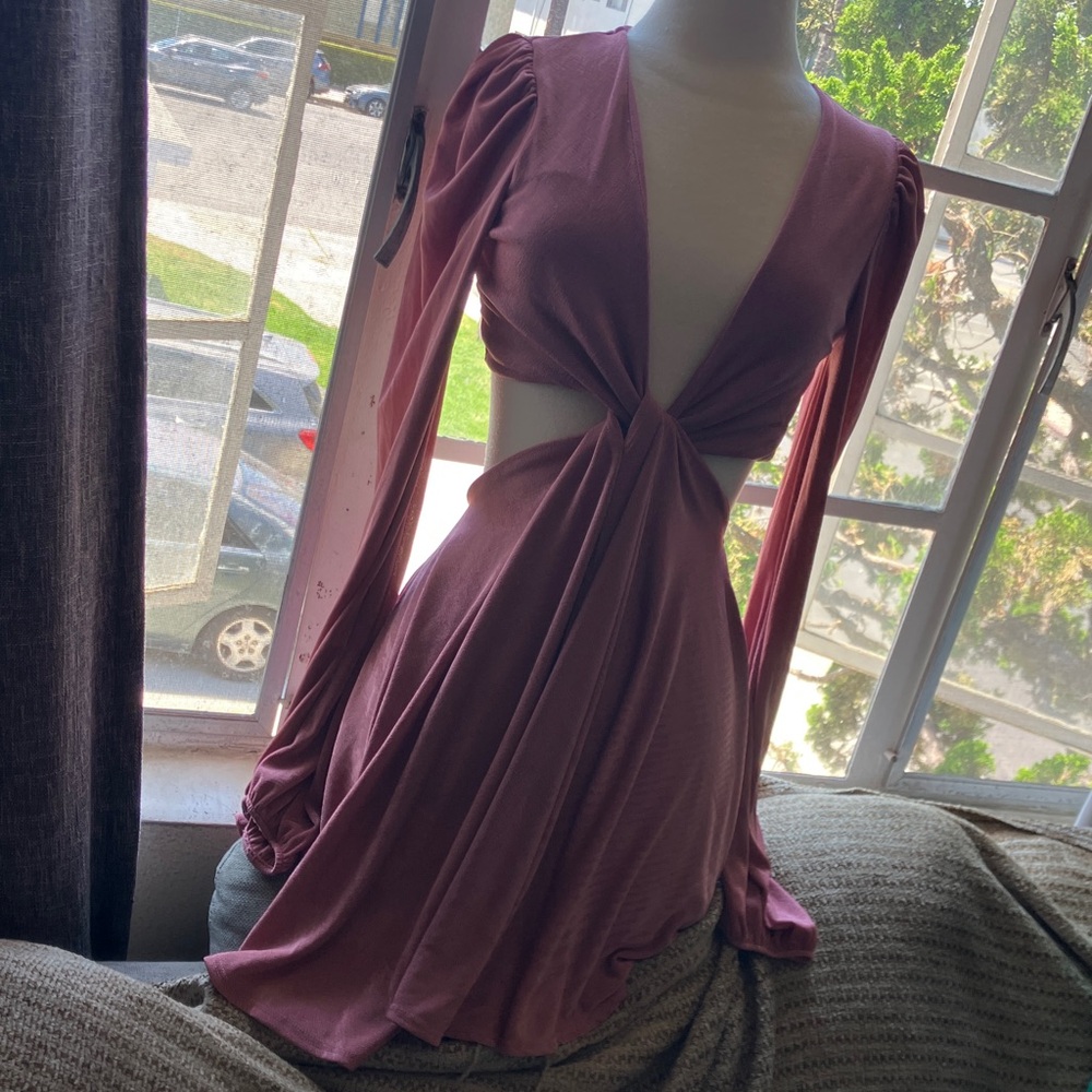 Fashion Nova Deep V Long Sleeve Dress in Pink